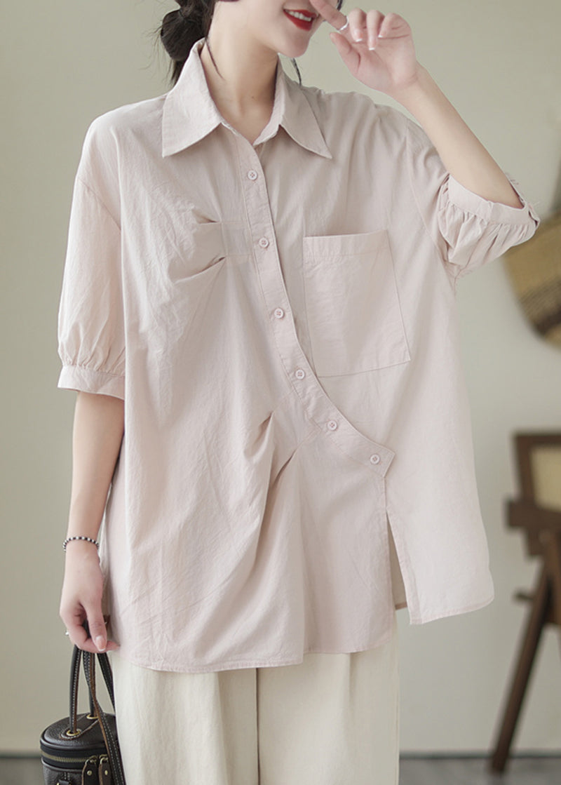 Bohemian Light Pink Asymmetrical Design Cotton Blouses Half Sleeve Summer