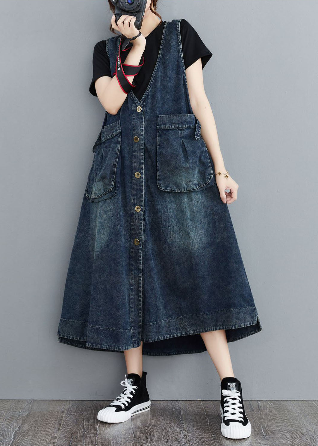 V Neck Organic Navy Patchwork Pocket Denim Sleeveless Sundress