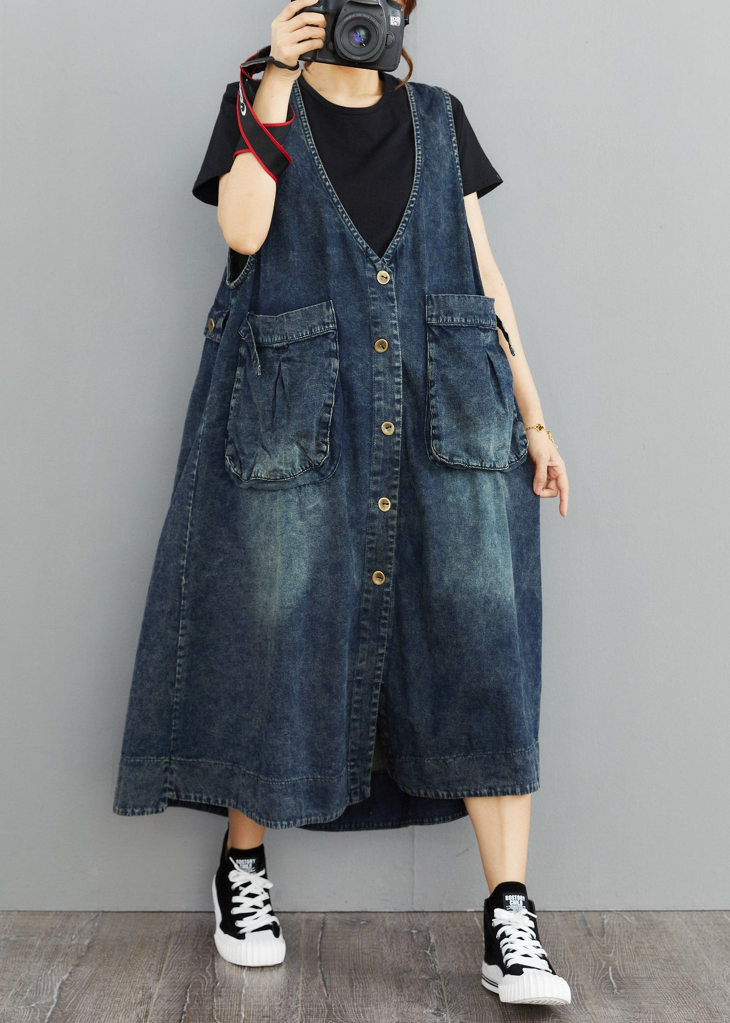 V Neck Organic Navy Patchwork Pocket Denim Sleeveless Sundress