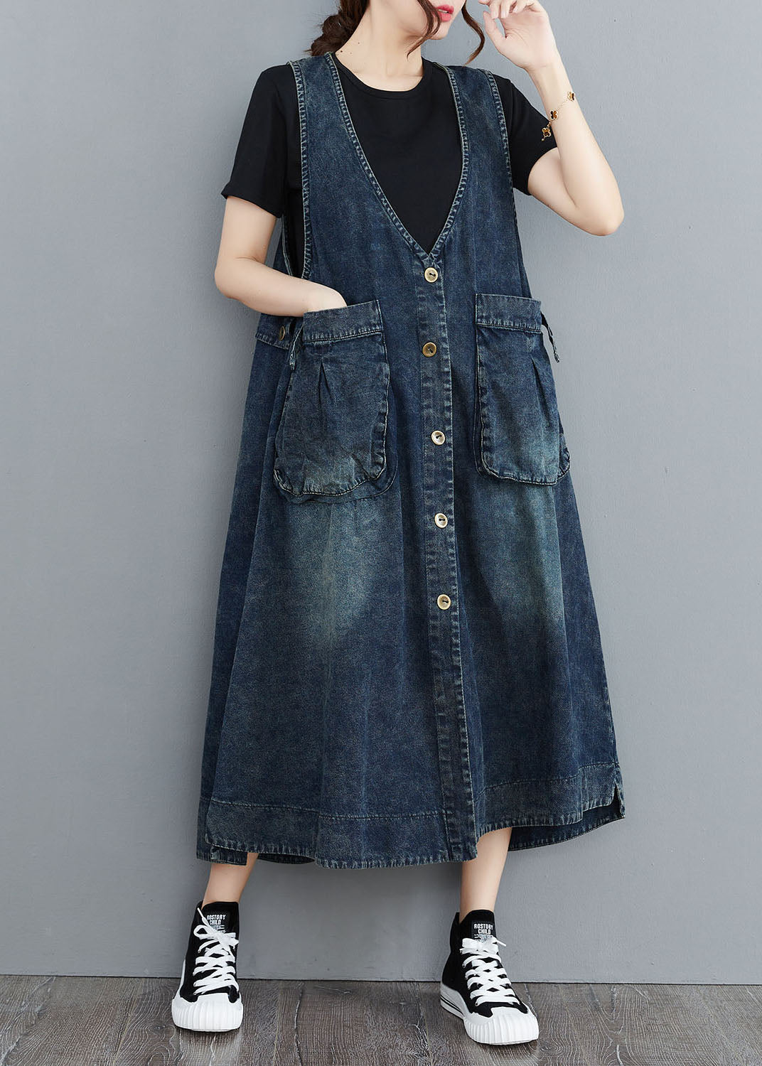 V Neck Organic Navy Patchwork Pocket Denim Sleeveless Sundress