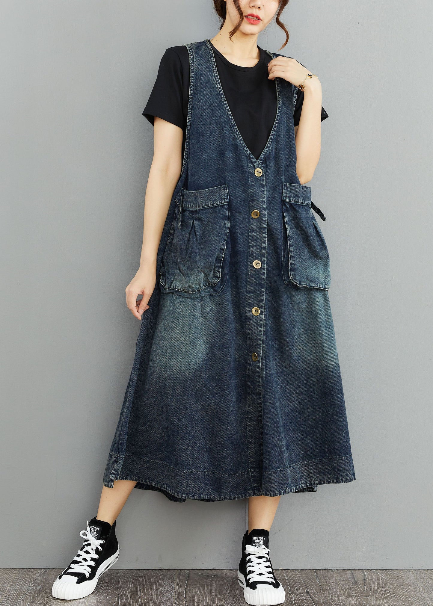 V Neck Organic Navy Patchwork Pocket Denim Sleeveless Sundress