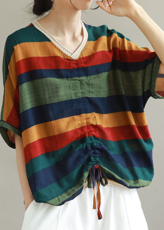 V Neck Organic Navy Stripe Patchwork Cotton T-Shirt Summer