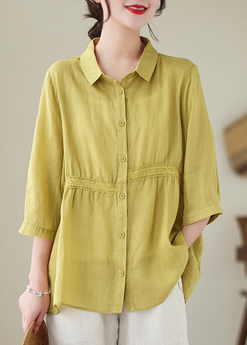 Organic Yellow Green Peter Pan Collar Patchwork Linen Shirt Half Sleeve