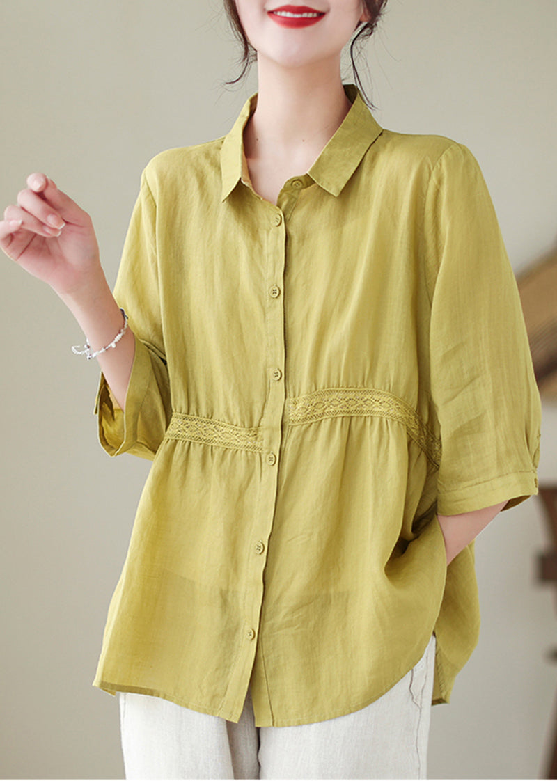 Organic Yellow Green Peter Pan Collar Patchwork Linen Shirt Half Sleeve