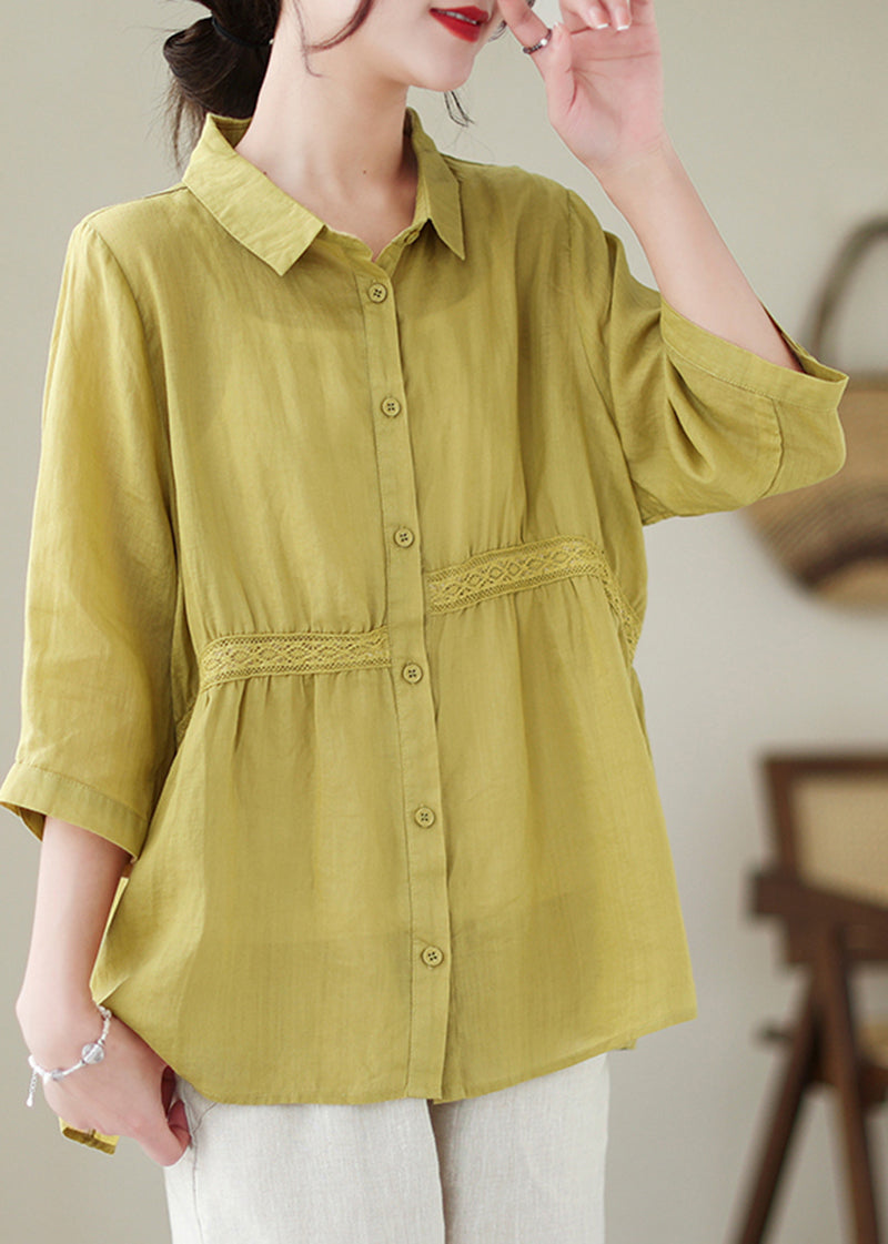 Organic Yellow Green Peter Pan Collar Patchwork Linen Shirt Half Sleeve