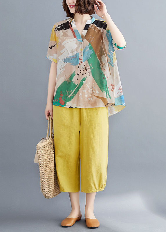 V-neck organic yellow printed patchwork top and cotton pants two-piece summer