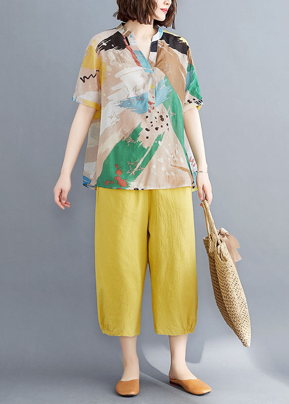 V-neck organic yellow printed patchwork top and cotton pants two-piece summer