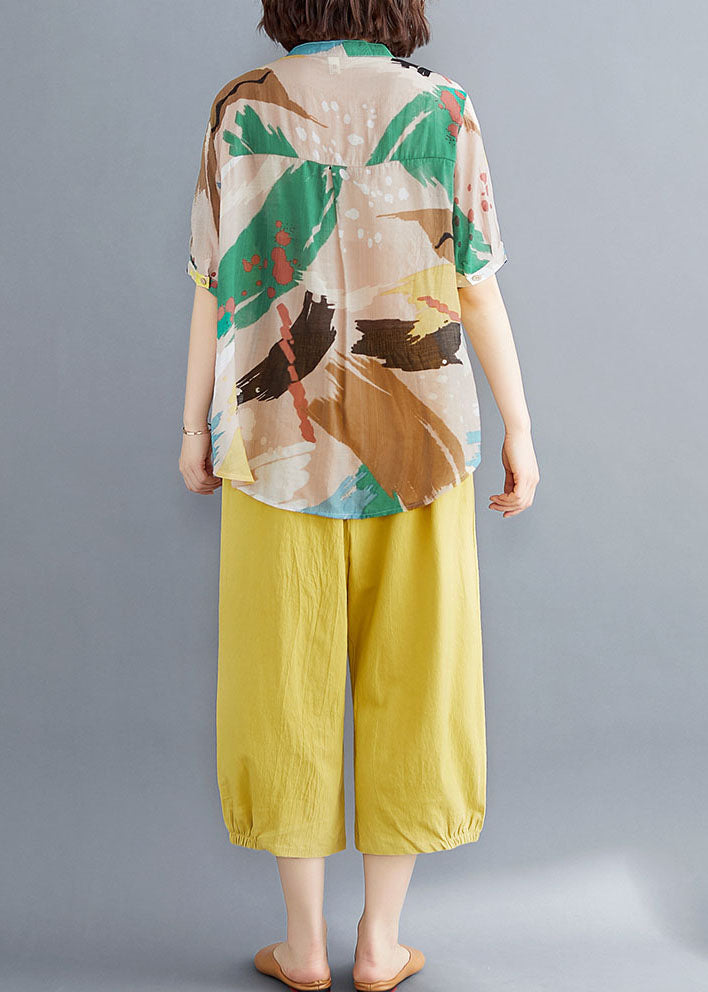 V-neck organic yellow printed patchwork top and cotton pants two-piece summer