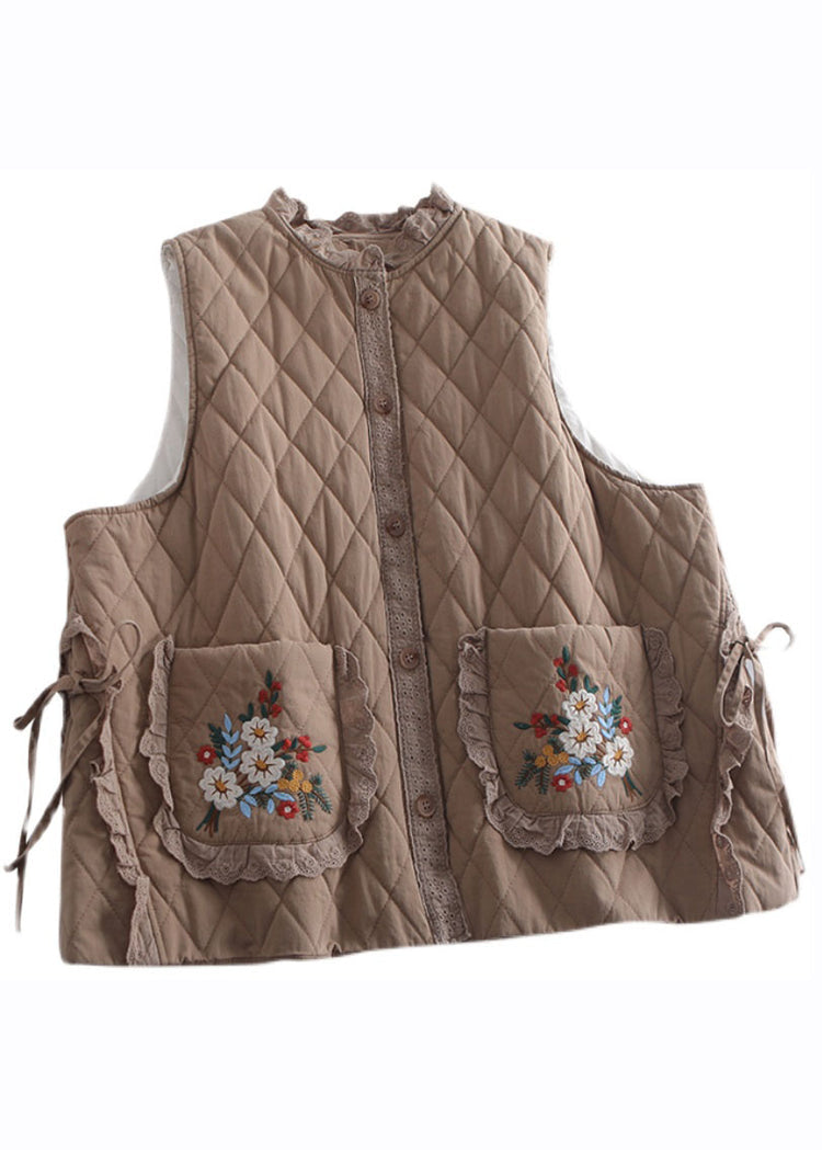 Organic Beige Embroideried Ruffled Patchwork Tie Waist Waistcoat Winter