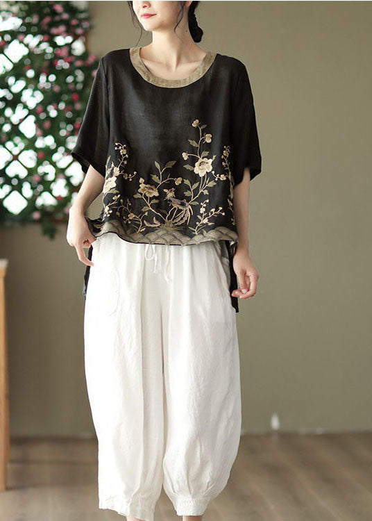 Organic Black Embroideried Low High Design Linen Tanks Short Sleeve