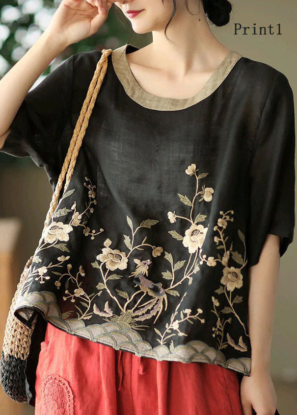 Organic Black Embroideried Low High Design Linen Tanks Short Sleeve