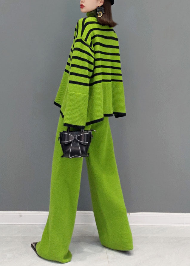 Organic Green Turtle Neck Striped wide leg pants Knit Two Pieces Set Spring