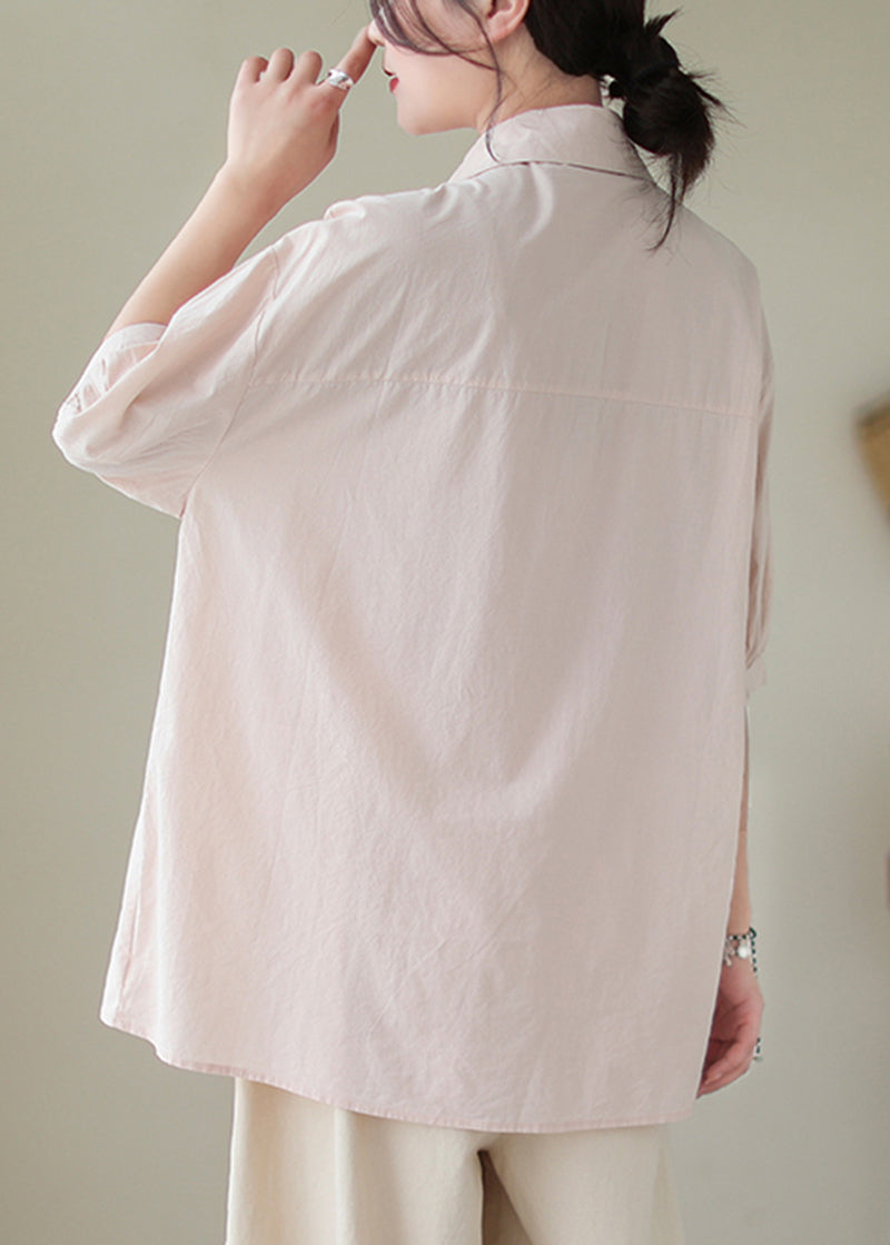 Bohemian Light Pink Asymmetrical Design Cotton Blouses Half Sleeve Summer