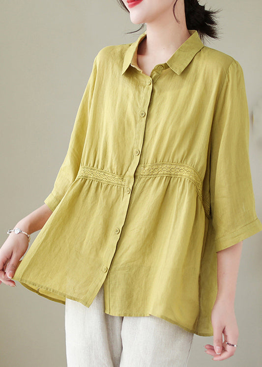 Organic Yellow Green Peter Pan Collar Patchwork Linen Shirt Half Sleeve