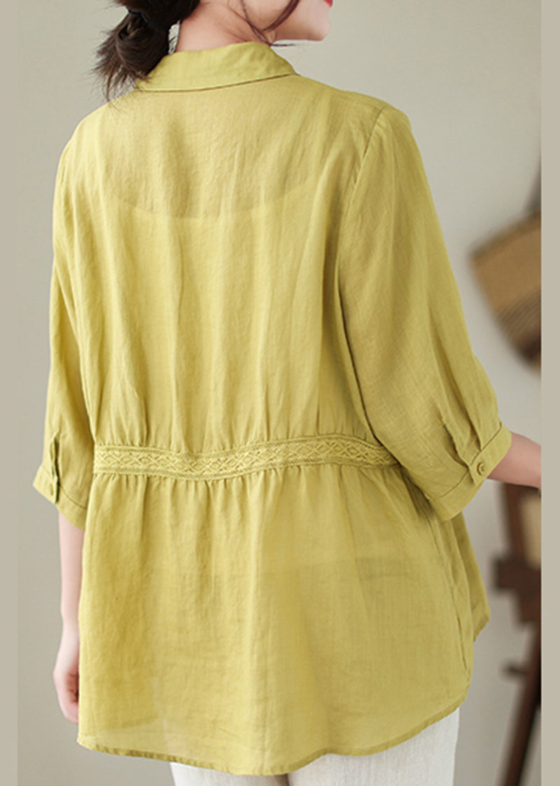 Organic Yellow Green Peter Pan Collar Patchwork Linen Shirt Half Sleeve