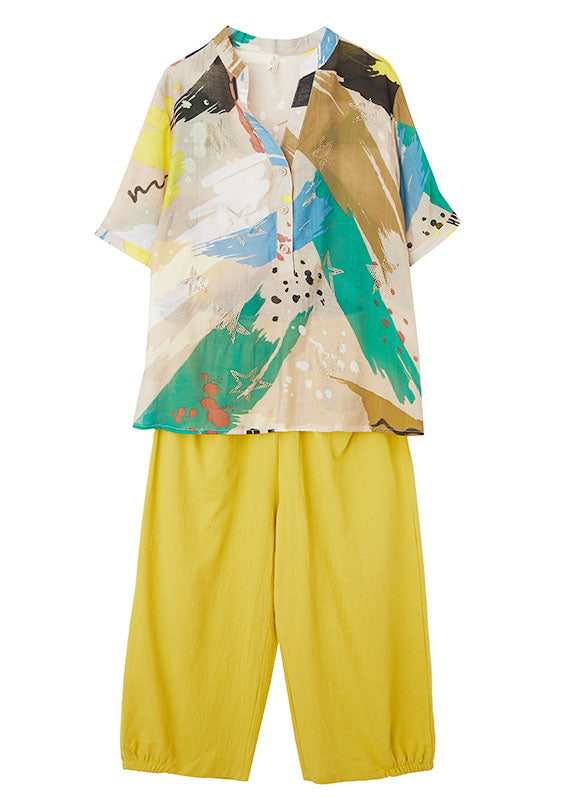 V-neck organic yellow printed patchwork top and cotton pants two-piece summer