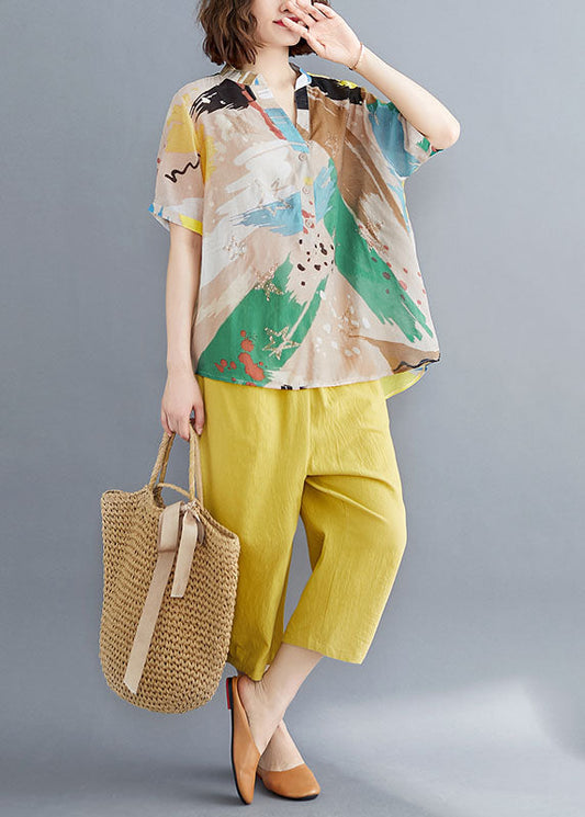 V-neck organic yellow printed patchwork top and cotton pants two-piece summer