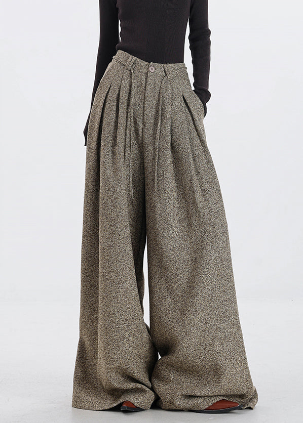 Original Design Khaki Pockets High Waist Woolen Wide Leg Pants Winter