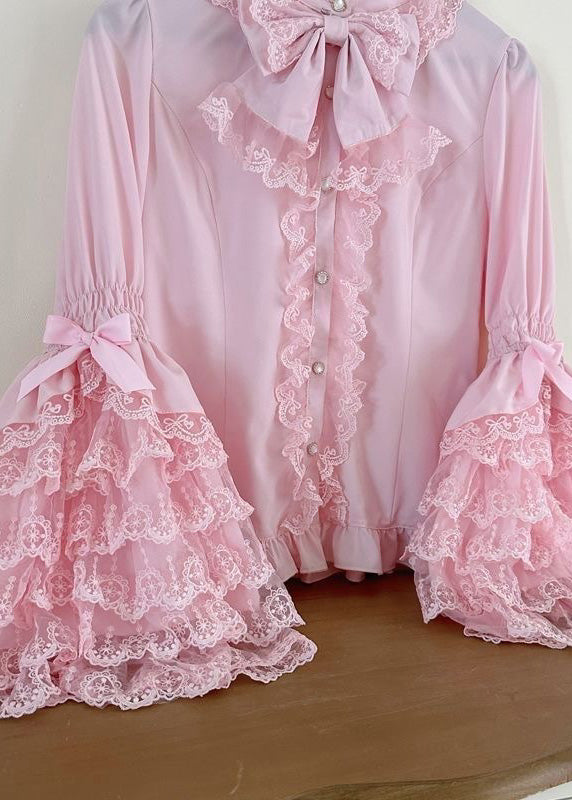 Original Design Sweet Pink Lace Patchwork Shirt Flare Sleeve