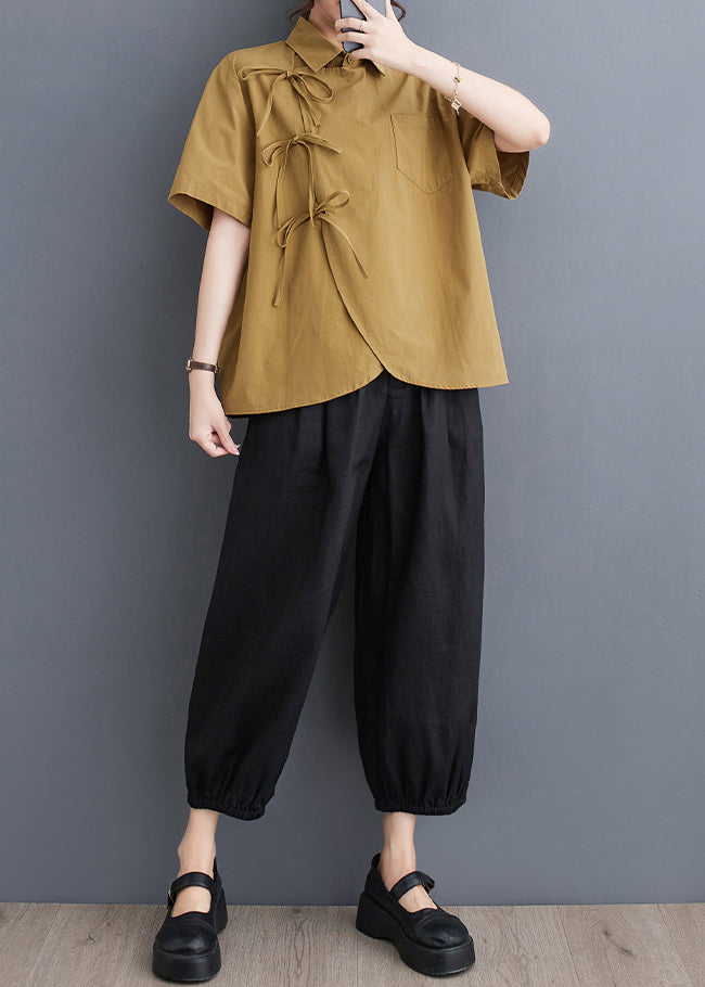 Yellow Lace Up Cotton Oversized Shirt Summer