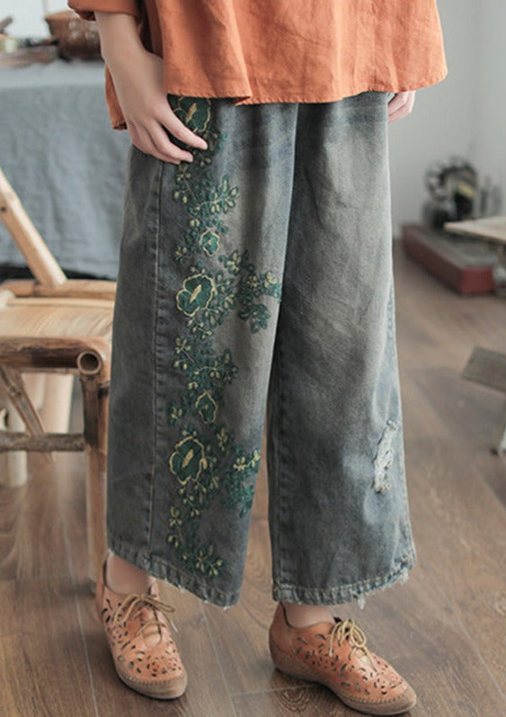 Embroidered wide-leg straight-leg Denim Pants