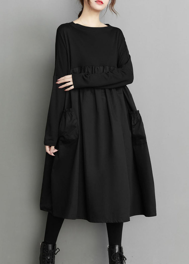 O Neck Black Wrinkled Pocket Patch Cotton Oversized Dress Spring