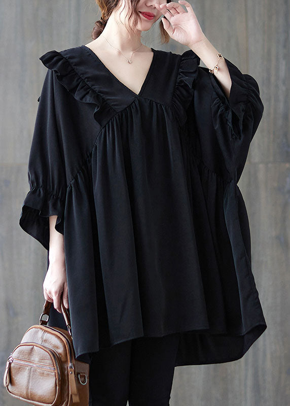 V Neck Black Ruffle Patchwork Cotton Loose Shirt Top Summer