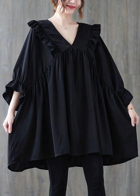 V Neck Black Ruffle Patchwork Cotton Loose Shirt Top Summer