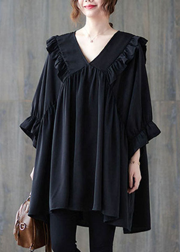 V Neck Black Ruffle Patchwork Cotton Loose Shirt Top Summer