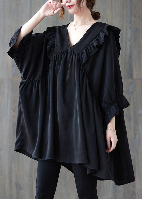 V Neck Black Ruffle Patchwork Cotton Loose Shirt Top Summer