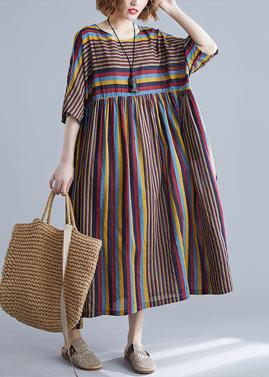 O Neck Coffee Striped Wrinkled Patchwork Oversized Cotton Dress Summer