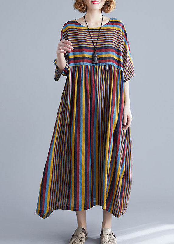 O Neck Coffee Striped Wrinkled Patchwork Oversized Cotton Dress Summer