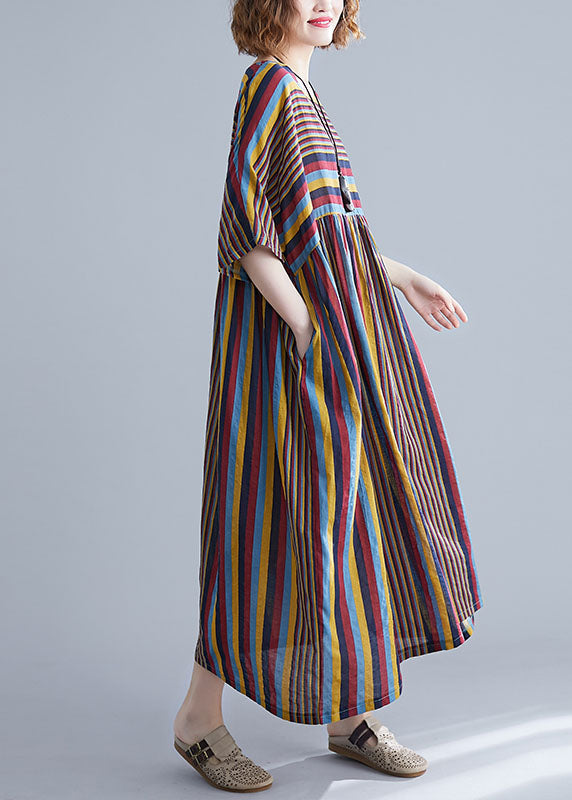 O Neck Coffee Striped Wrinkled Patchwork Oversized Cotton Dress Summer