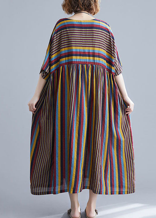 O Neck Coffee Striped Wrinkled Patchwork Oversized Cotton Dress Summer