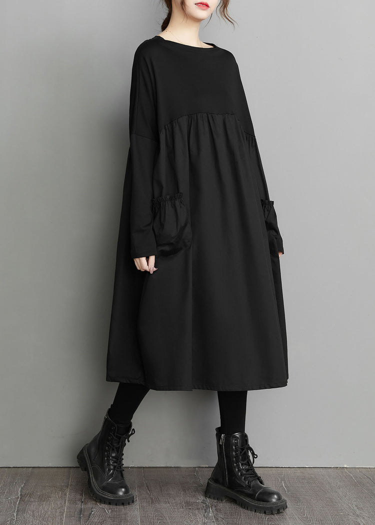 O Neck Black Wrinkled Pocket Patch Cotton Oversized Dress Spring