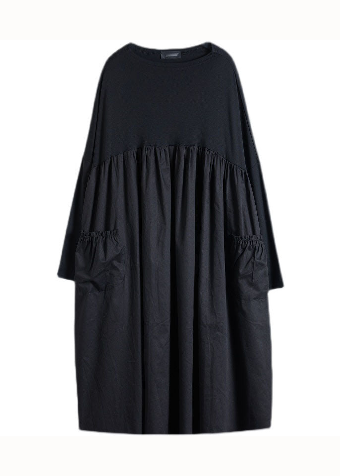 O Neck Black Wrinkled Pocket Patch Cotton Oversized Dress Spring