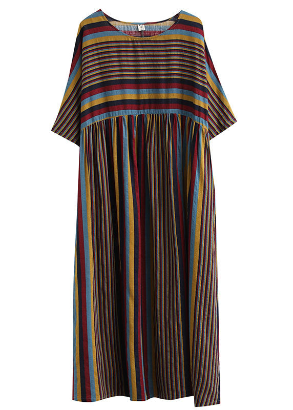 O Neck Coffee Striped Wrinkled Patchwork Oversized Cotton Dress Summer