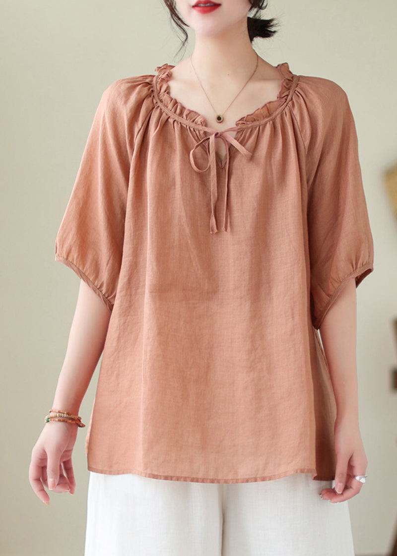 French Orange Oversized Ruffle Linen Blouse Top Summer