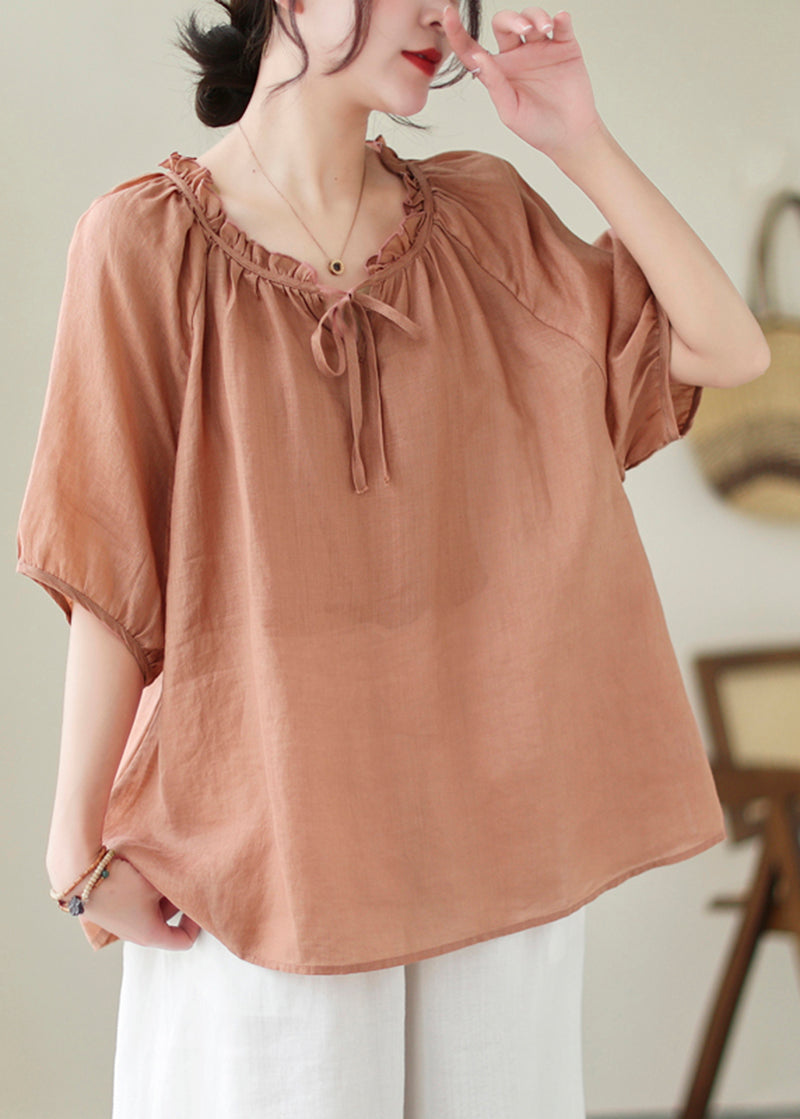 French Orange Oversized Ruffle Linen Blouse Top Summer