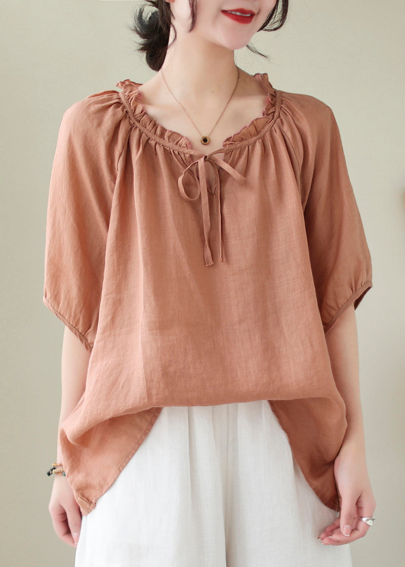 French Orange Oversized Ruffle Linen Blouse Top Summer