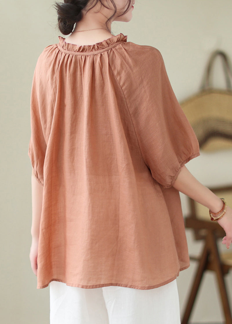 French Orange Oversized Ruffle Linen Blouse Top Summer