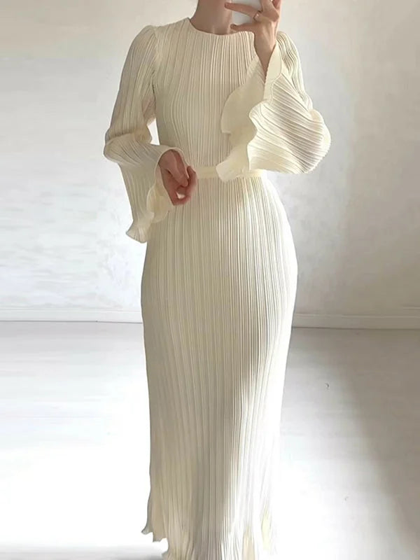 Pleated Ruffled Solid Color Flared Sleeves Long Sleeves Round-neck Maxi Dresses