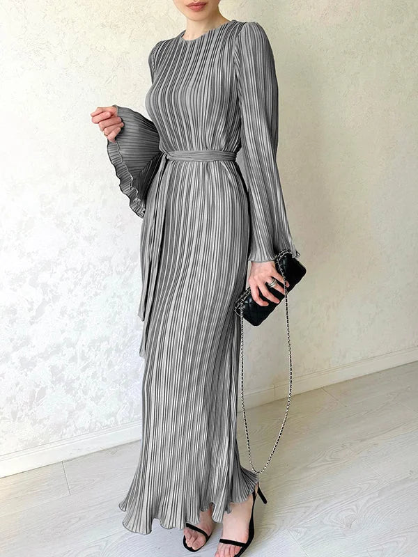 Pleated Ruffled Solid Color Flared Sleeves Long Sleeves Round-neck Maxi Dresses