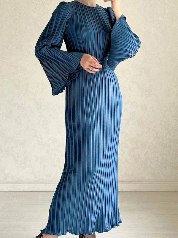 Pleated Ruffled Solid Color Flared Sleeves Long Sleeves Round-neck Maxi Dresses