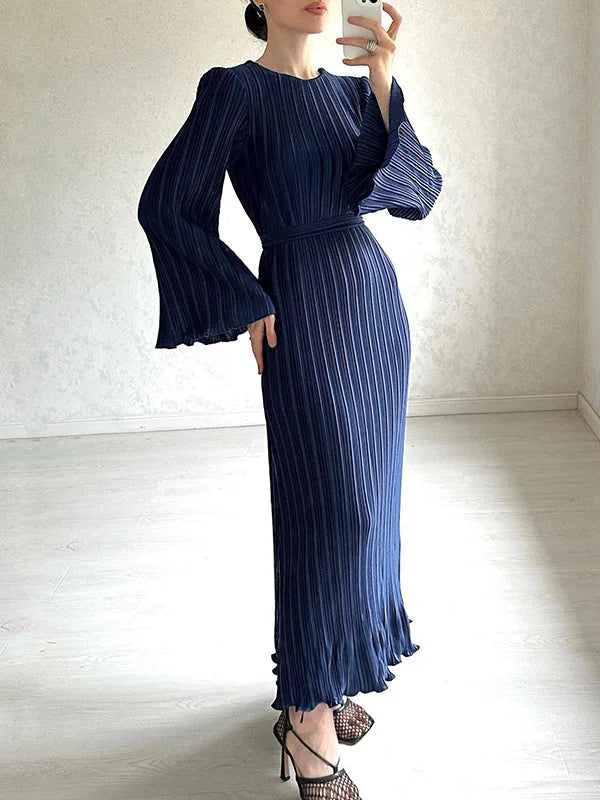 Pleated Ruffled Solid Color Flared Sleeves Long Sleeves Round-neck Maxi Dresses