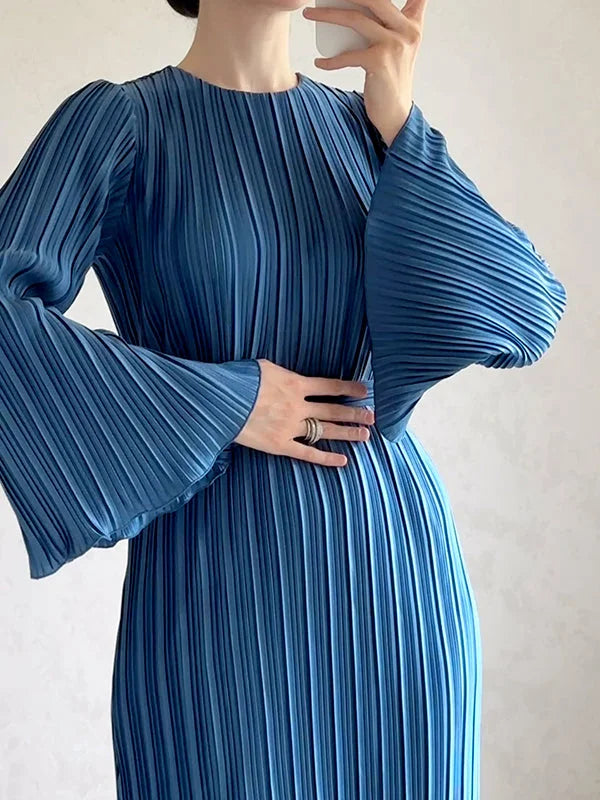 Pleated Ruffled Solid Color Flared Sleeves Long Sleeves Round-neck Maxi Dresses