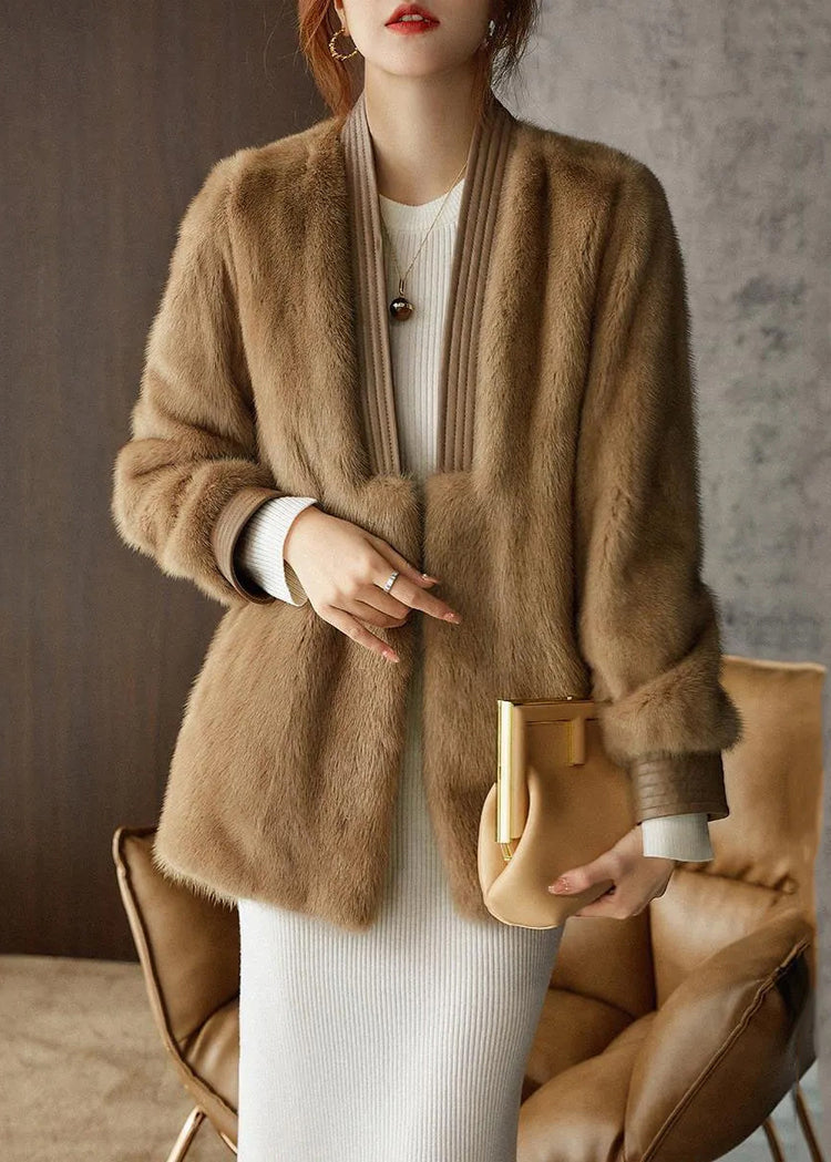 V Neck Beige Plus Size Mink Hair Coats Long Sleeve