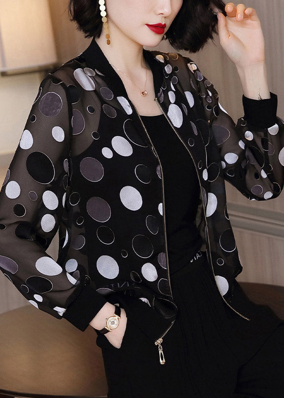 Black Dot Print Zipper Chiffon Sunscreen Plus Size Coat Long Sleeve