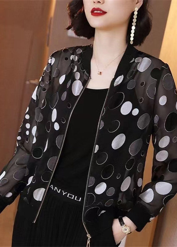 Black Dot Print Zipper Chiffon Sunscreen Plus Size Coat Long Sleeve