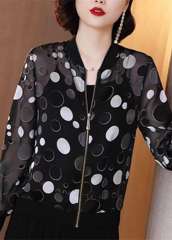 Black Dot Print Zipper Chiffon Sunscreen Plus Size Coat Long Sleeve